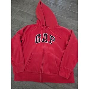 Gap Womens Spellout Logo Full Zip Fleece Hoodie Sweatshirt Raglan Coral Red XL